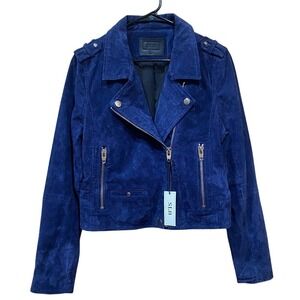 SL8 Suede Moto‎ Biker Jacket Cropped Full Zip Blue Size L